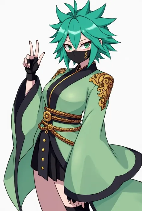 a stylized female character with a design that blends modern and traditional elements. Their hair is aqua green, styled uniquely with spiky strands pointing upward. They wear a black mask covering the lower half of their face, giving them a mysterious vibe...