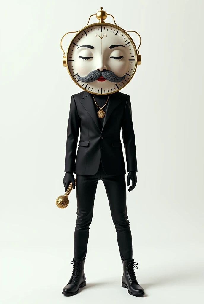 times :  A large watch shows time instead of a head,  eyebrows closed eyes ,  gray mustache and a flirty smile ,  dressed in a black suit with gold elements ,  Black gloves ,  in hand gold microphone , black boots. 

 Full-length professional photo , 4K,  ...