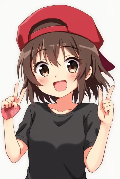 Female anime brown hair black eyes red hat without a hood up black t-shirt and ensima a cheerful red band-aid
