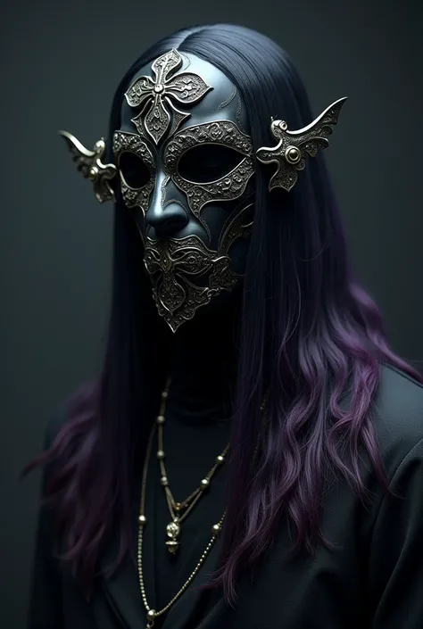 Deathcore lead guitarist mask and costume. The name of the man is Reverie. Shows connection between dream. Black ombre purple hair. make it more dark and evil, and peaceful at the same time, clover his face
