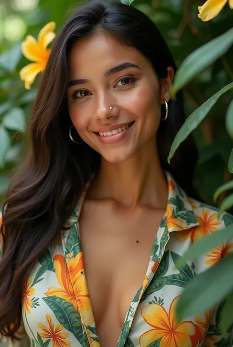  A Brazilian woman in a lush tropical garden,  wearing an open shirt with floral print ,  with a close up capturing the harmonious beauty between her breasts and natural flowers,  showing your natural charm and outgoing personality.