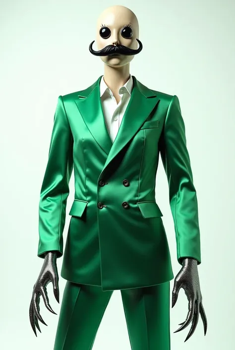  The mannequin is dressed in a bright ,  green satin suit , with shiny,  with metallic details.   Ant has big eyes , mustaches and claws . 

 Full-length professional photo , 4K,  realistic,  high definition ,  high detail ,  white background.