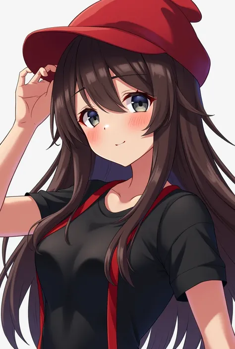 Female anime brown hair black eyes red hat without a hood up black t-shirt and ensima a t-shirt with red straps
