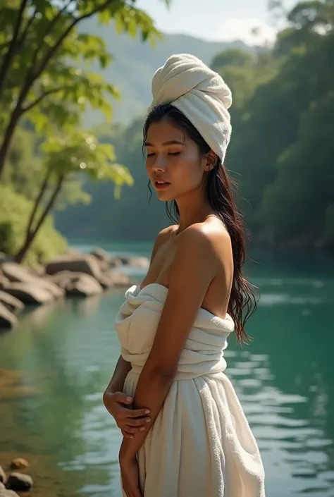 

Prompt: 

"A beautiful Balinese girl with wet, glistening hair under the morning sunlight, wearing a traditional towel wrap (kemben) and a neatly wrapped towel turban on her head. She stands by the edge of a clear, flowing river surrounded by lush tropic...