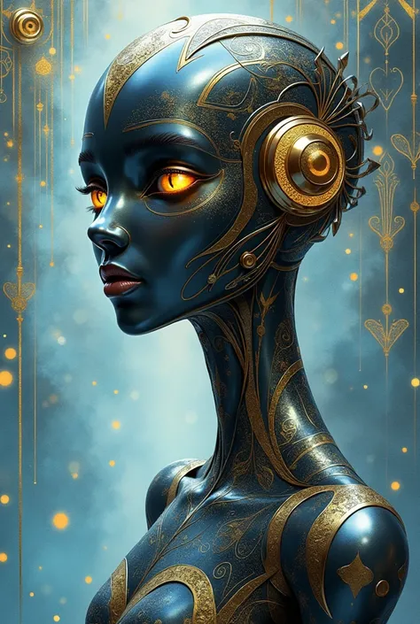 An art nouveau style watercolor image of a slender android with glowing eyes and a shiny anthracite metal hull with golden threads. 3/4 Portrait. Druillet style. Enki Bilal. Mesmerizing look. Ornamental blue tech background. 