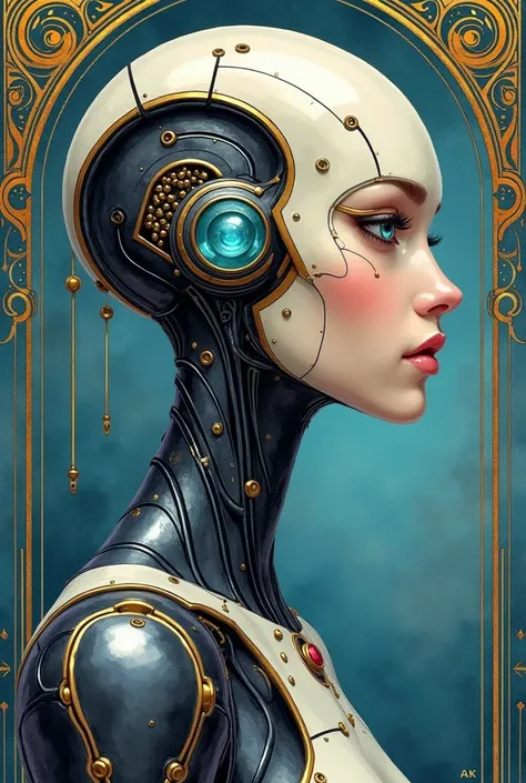 An art nouveau style watercolor image of a slender android with glowing eyes and a shiny anthracite metal hull with golden threads. 3/4 Portrait. Druillet style. Enki Bilal. Mesmerizing look. Ornamental blue tech background. 