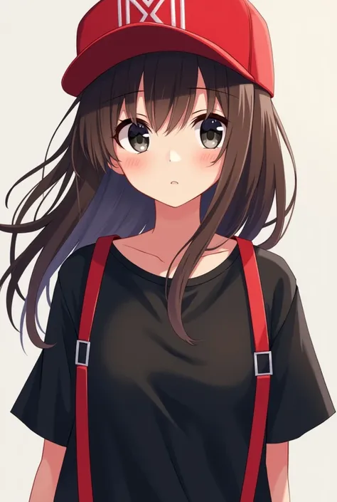 Female anime brown hair black eyes red cap without a hood above black t-shirt and ensima a t-shirt with red straps
