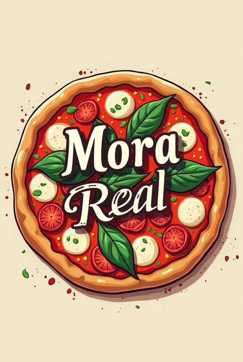 A logo for a pizzeria with a pizza in the background and the name Mora real pizza in the background

