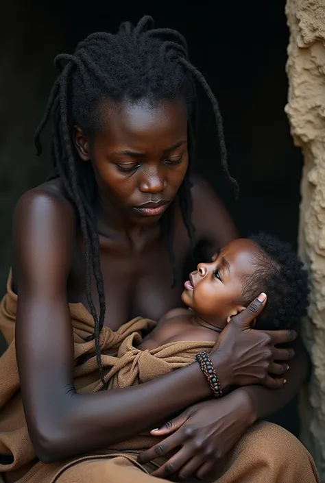 Images dune mère africaine qui pleure avec son bébé en main 