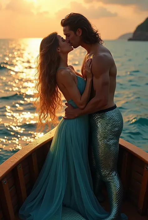 Sexy mermaid kissing a man on a boat