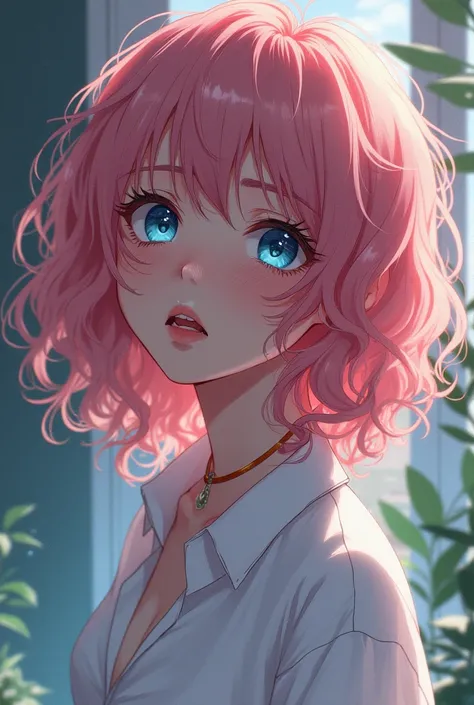  {masterpiece, {{blue_archive (Style)}}, best quality, detailed manga, illustration, {cinematic light}, colorful, intricate details, dynamic angle, dynamic pose, {solo, 1girl}}, white shirts, pink short hair, curly hair, sky blue eyes, {crying}, smile, ope...