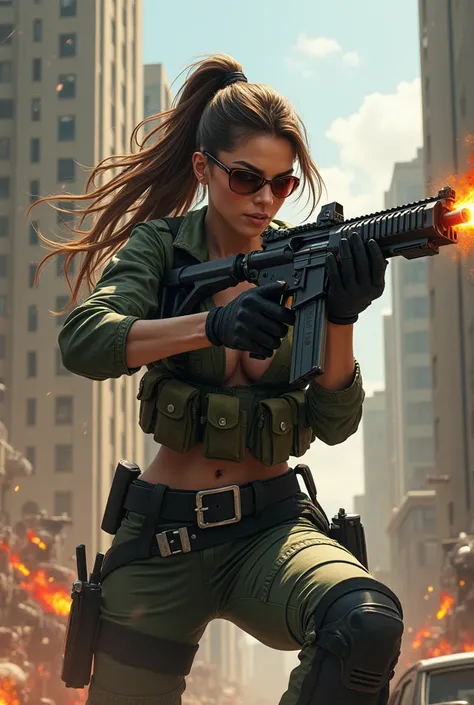 Animated female shooter wearing sunglasses battling in style