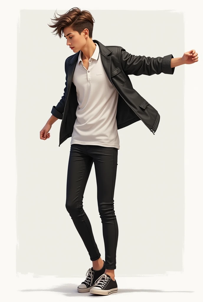 Teenager with short polo shirt and ploma jacket and black pants dancing 