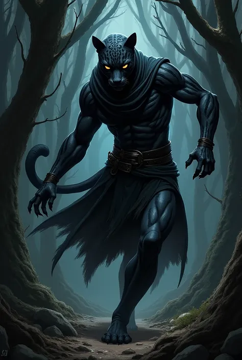 A digital comic style illustation in a realistic aesthetic of a stealthy and agile warrior of the Garrasombra Clan from the fantasy realm of Caelora, depicted in a dynamic pose within the shadowy, dense forest of their homeland. The warrior has sleek, dark...