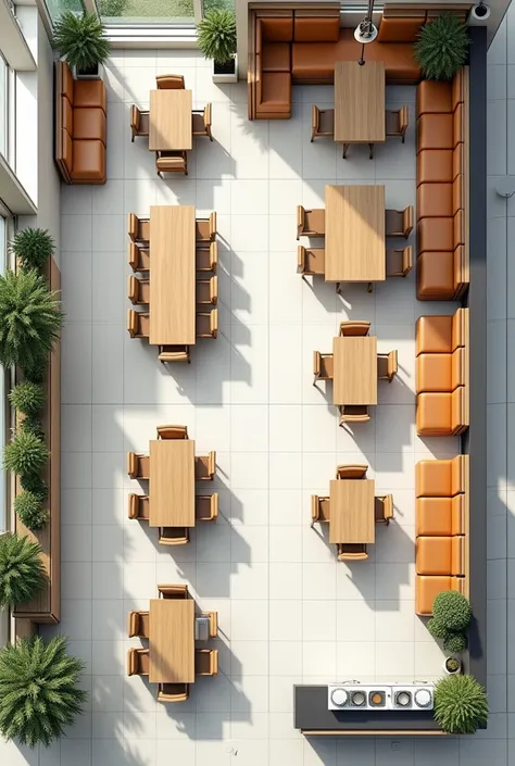 Create the plans of a cafeteria seen from above and be inspired by plans of a restaurant 