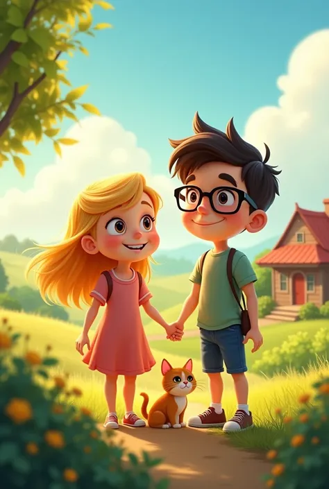 Create an image of a blond haired girl with a black movie boy with glasses on a farm with a happy cat