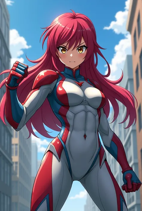 My Hero Academia Style , Anime girl, female, young female ,Full Body Shot,(fighting stance:1.3),Long hair, Red Hair,  Brown Eyes,Hero Suit, Full Body Suit, Silver suit with Red and Blue details,perfect anatomy,  Toughened Abs,super detailed,(Buildings:1.2）