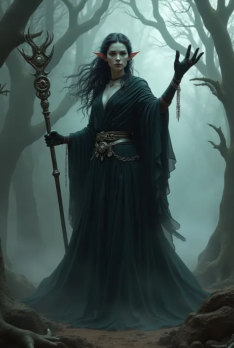 Create an RPG-style dark elf with a mechanical arm, a staff ,  long black robes and curly hair