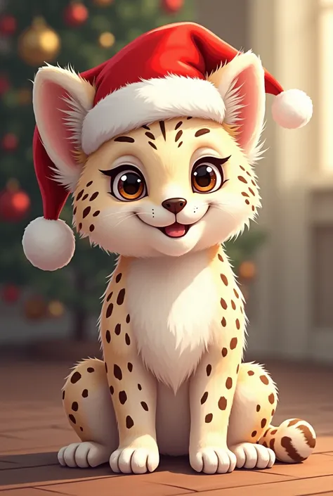 Cheetah dog his white with white and cream stripes with
 A Christmas hat
