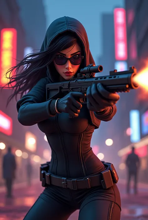 Animated female assassin shooter wearing sunglasses battling in style