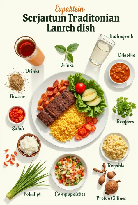 Clear and beautiful image for an infographic about a lunch dish with Ecuadorian products containing drinks, carbohydrate , Protein,  salad . And that each one be separated in order to differentiate