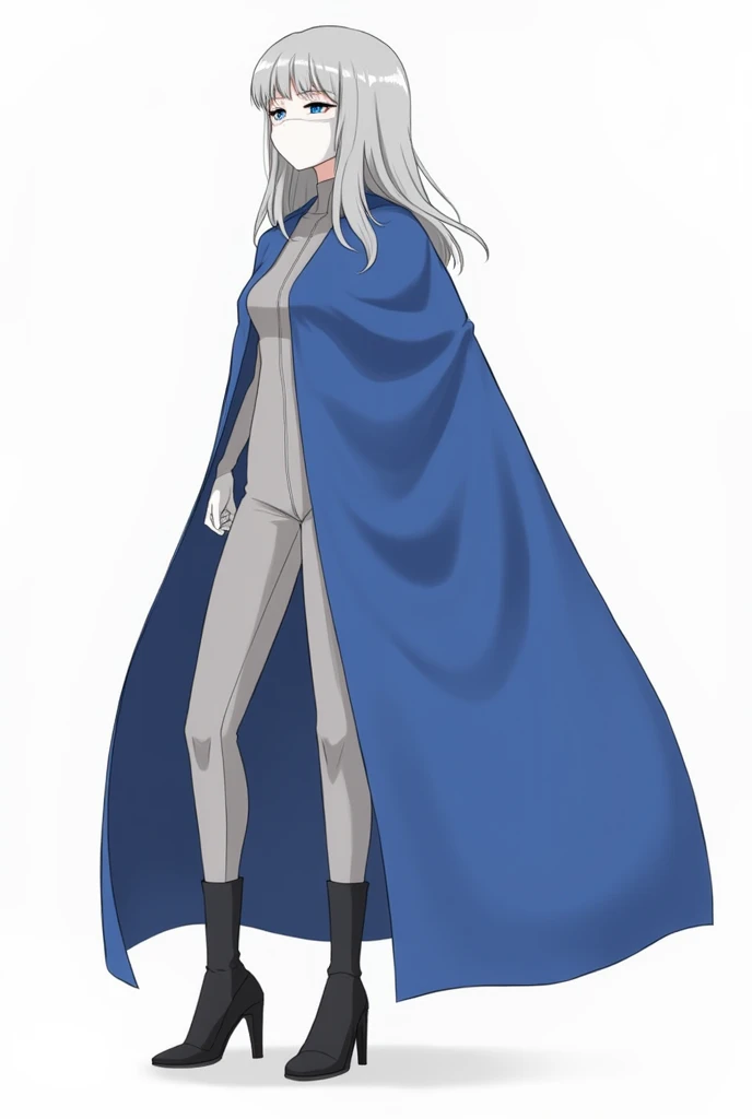 (Solo) 1girl, faceless, mask (white face mask, black eyes/) grey hair, long hair, blue long cape, (cape covering full body/), white gloves, grey clothing bodysuit, black heels boots, wide open trousers pants, pants covered boots, used cape to covered, cart...