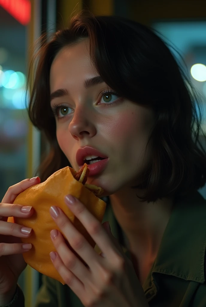 woman, young, 23 years old, brunette, fair skin, dark green eyes, pink lips, dark, eating a mc donalds while looking to the left side