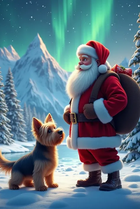 Yorkshire dog next to Santa Claus at the North Pole
