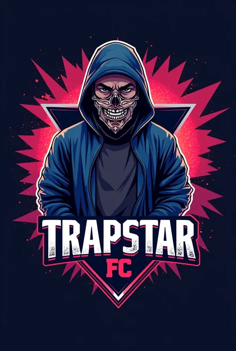 I need to create a logo for my TRAPSTAR FC soccer team THAT THE MAIN LOGO IS A SKY MASK FLOW RAPPER AND ADD A 4-POINTED STAR with the name of the team 