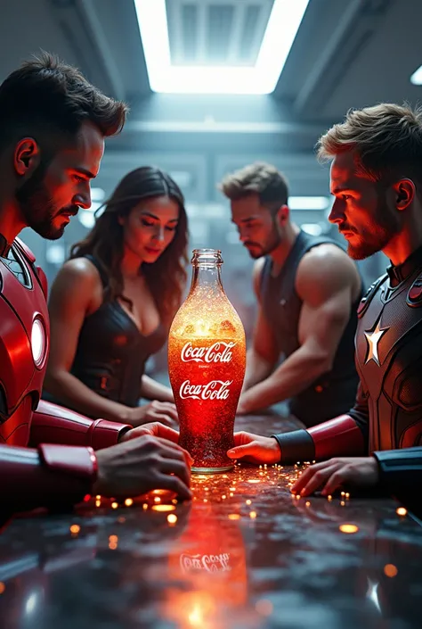  Generate a Marvel-themed advertising image of Coca-Cola, where superheroes come together to create a perfect Coca-Cola 