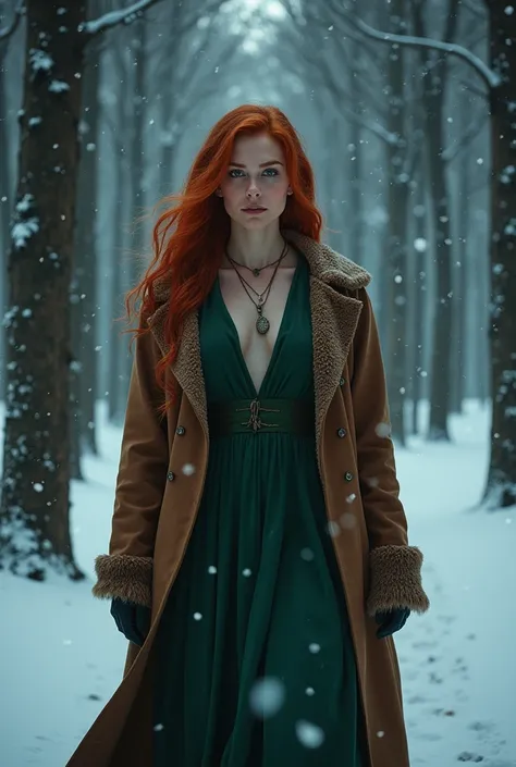 1 woman, rousse, blue eyes, green dress, brown coat, dispute, wood, night, snow, High Resolution