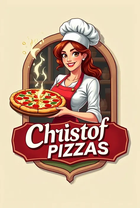 Pizzeria logo with the name Cristof pizzas with 
A female chef delivering the pizza
