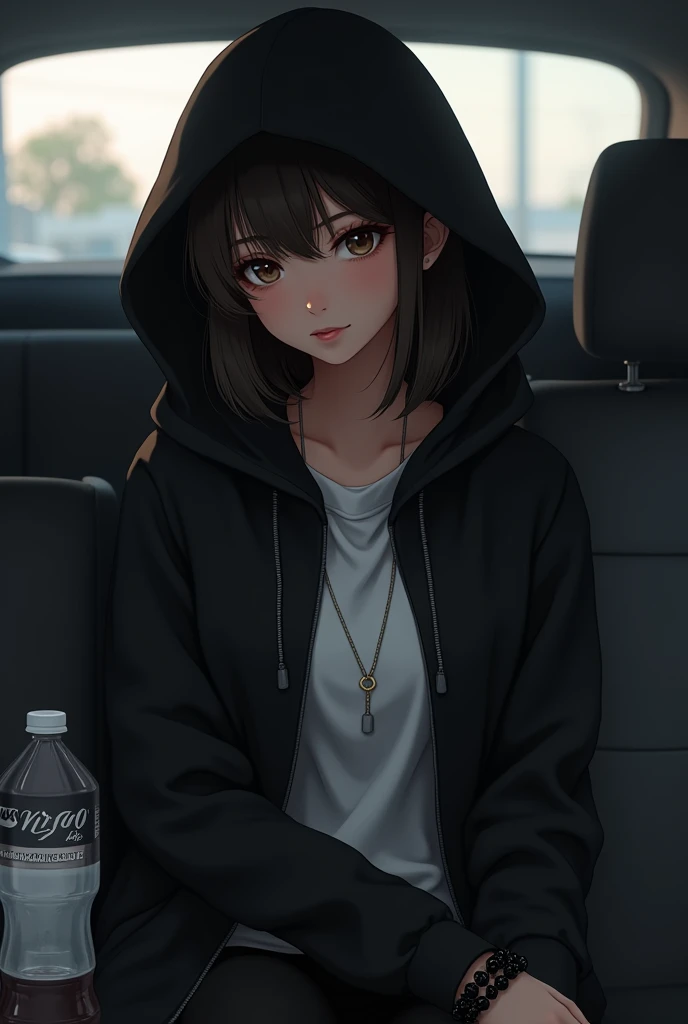 A beautiful girl in car hiding her face wearing a black hoodie with a black pant and white shirt  .holing a bottle of drink prime and a toblerone chocolate.  Wearing a black beads bracelet  just like real