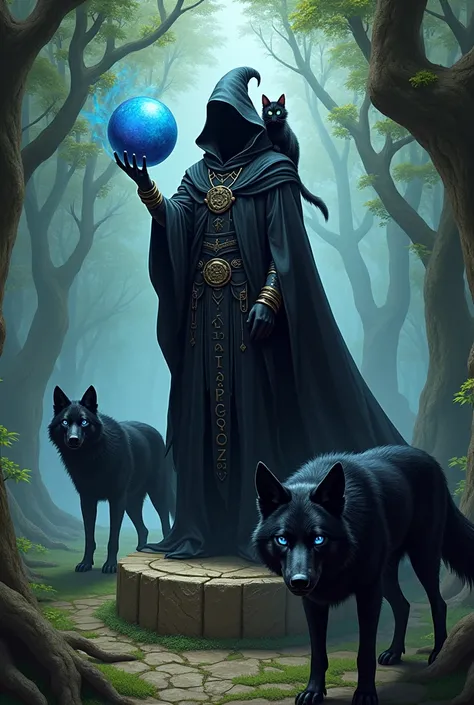 Jumger magician  ()  with black long cape stands on a stone decorated with runes in his left hand he holds a magical dark blue ball and the black cat from earlier sits on his right shoulder (Black cat with witch hat and a blue and a green eye ) in the fore...