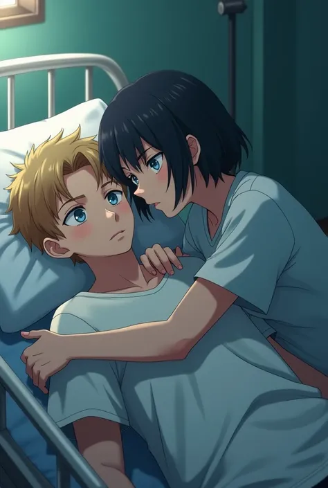   8k In the background of a hospital room on a stretcher there is a 19-year-old blond boy lying with his eyes closed and his skin pale, And a 17-year-old girl with short black hair up to her shoulders blue eyes is hugging the boy the best quality 4k 