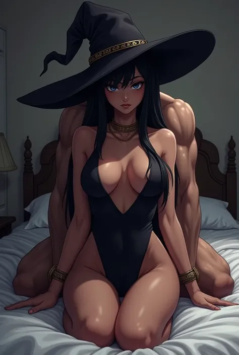 A full body portrait of a character in a dimly lit bedroom on a bed with white sheets with an evil looking man who is directly behind her. The character is an anime-style dark-skinned witch with a sleek and mysterious aesthetic.  The man with her on the be...