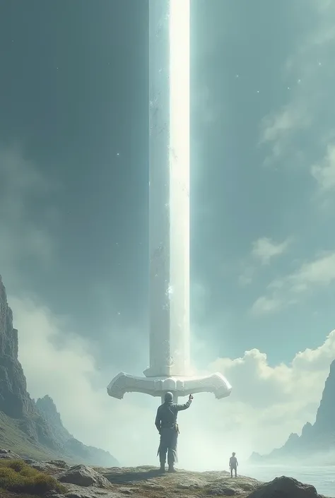 A small man holding a shiny white sword,  this giant sword, The size of the world 