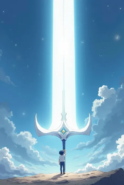 A small man holding a shiny white sword,  this giant sword, The size of the world , anime style art
