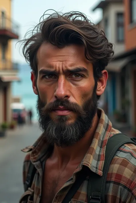  A young man with white skin dirty beard with brown brown eyes from Trabzon