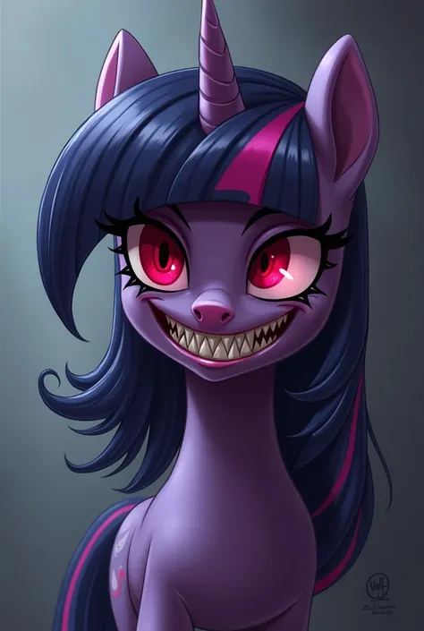 Twilight Sparkle with red eyes, darkened skin and a cool evil smile, a 2d drawing
