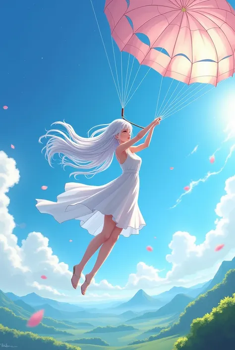 ai white haired woman parasailing anime, 