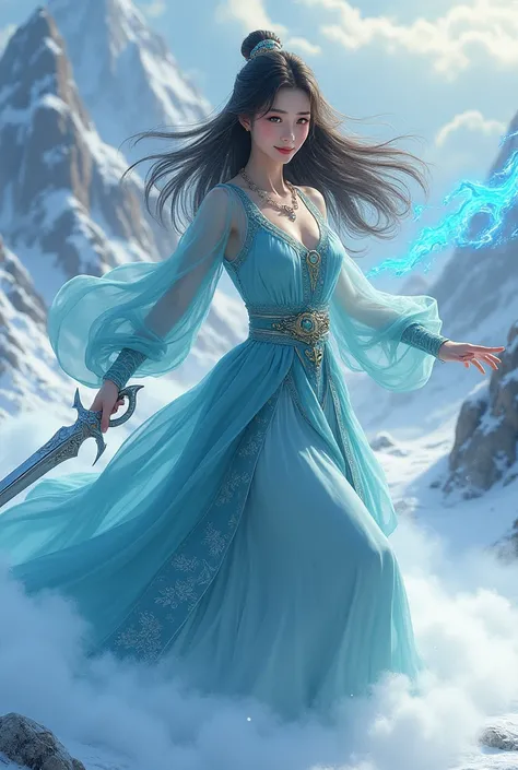 a woman in an ancient style dress, holding a cold ice sword with blue flames, dancing in the snow with long flowing hair, holding a silver long sword, adorned with jade jewels, confident smiling face, floating in the clouds with mountains in the background...