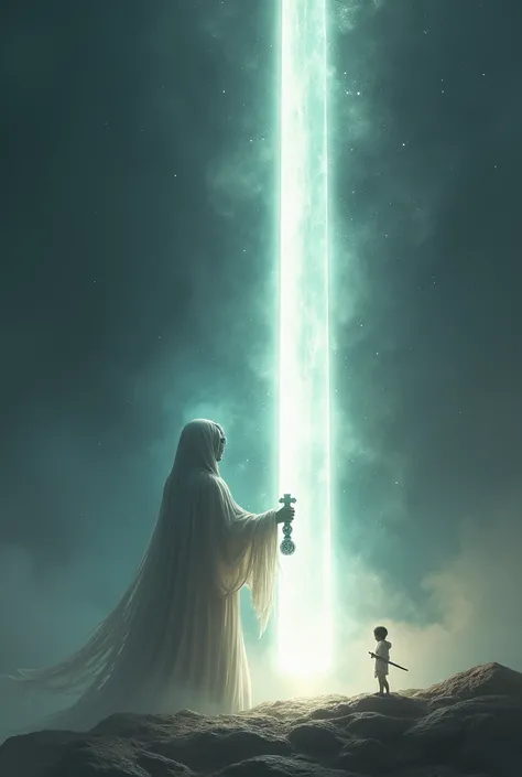  A Little Man holding a shiny white sword,  this sword is the size of the universe , And very powerful .