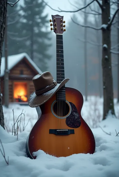 An acoustic guitar in snow and cowboy hat add some woods and fire place