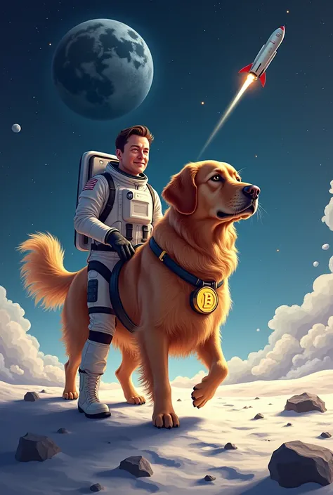 Create an NFT with the image of a dog dog with cryptocurrency in the USA walking with Elon Musk on a rocket to the Moon 