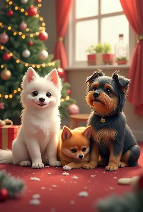 White japanese spitz, ginger longhair chichahua and yorkshire terrier Christmas 