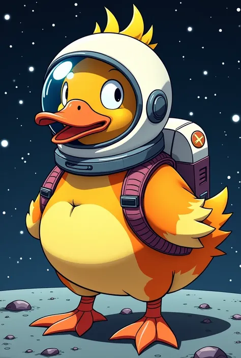 Space Duck in the Anime , with a duck in its standard animal shape but pumped in the Goku pattern as if it were a Dragon Ball character, with an astronaut helmet and a backpack with a jet propeller 