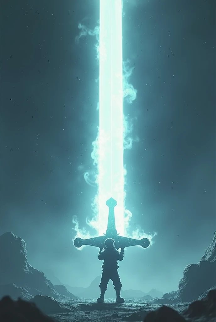  A Little Man holding a shiny white sword,  this sword is the size of the universe , And very powerful .