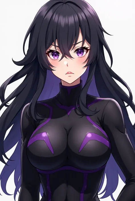  anime style .  long wavy hair with black bangs, dark purple eyes, tight black clothes (Of battle with purple details ), light skin, 19 years old,  Big breasts and thin waist . ( traits of Hinata Hyuga.)  most striking eyes , and irritated face 