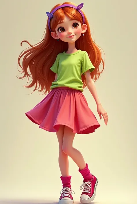  An  girl with white skin and long reddish brown hair ,  wearing a fuchsia headband and wearing two lemon green t-shirts and a fuchsia coral skirt. Disney Pixar red tennis socks